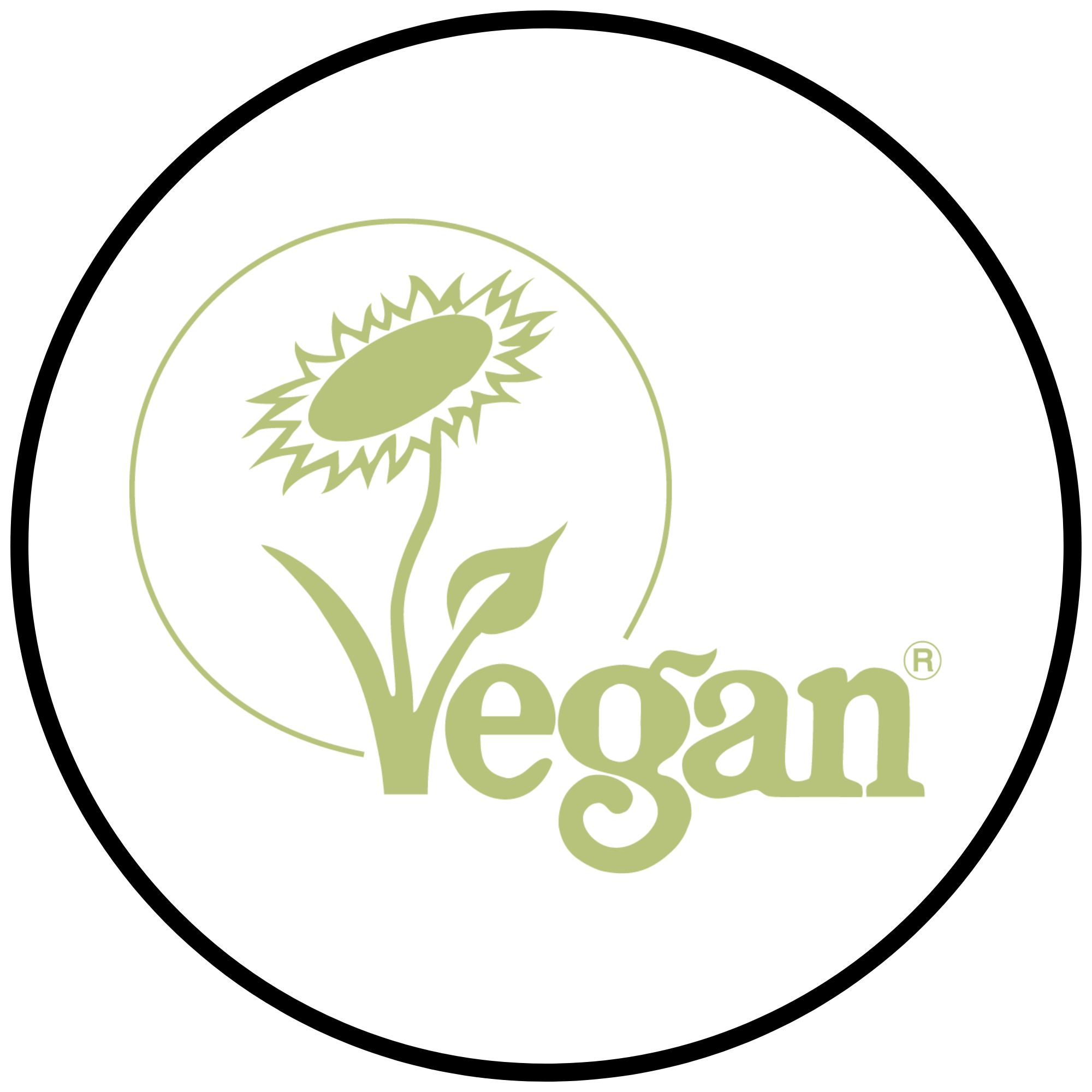 A circular white graphic featuring a light green sunflower and the word 'Vegan' in light green script, with a thin black circular border.