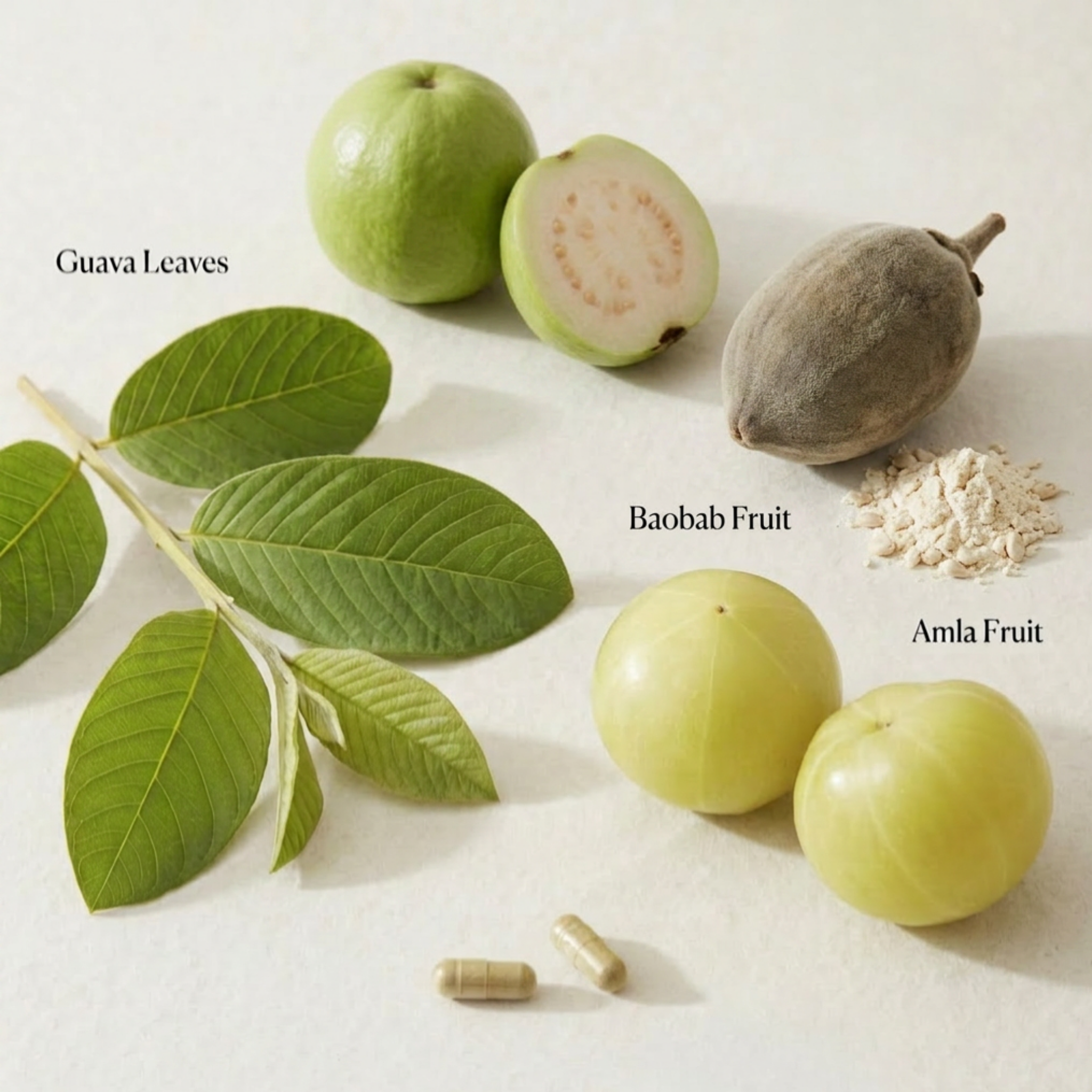 Natural herbal ingredients arranged on a light beige surface, including green guava leaves, whole and sliced guavas, a baobab fruit, a pile of powder, and two capsules. Text labels identify each ingredient.