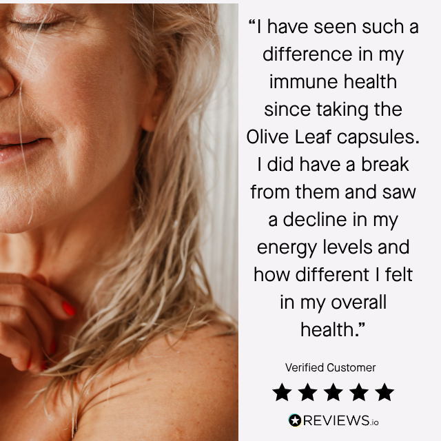 A testimonial-style promotional graphic with a close-up photo of a woman on the left and a large quote on the right about improved immune health after taking Olive Leaf capsules. A Verified Customer badge and Reviews.