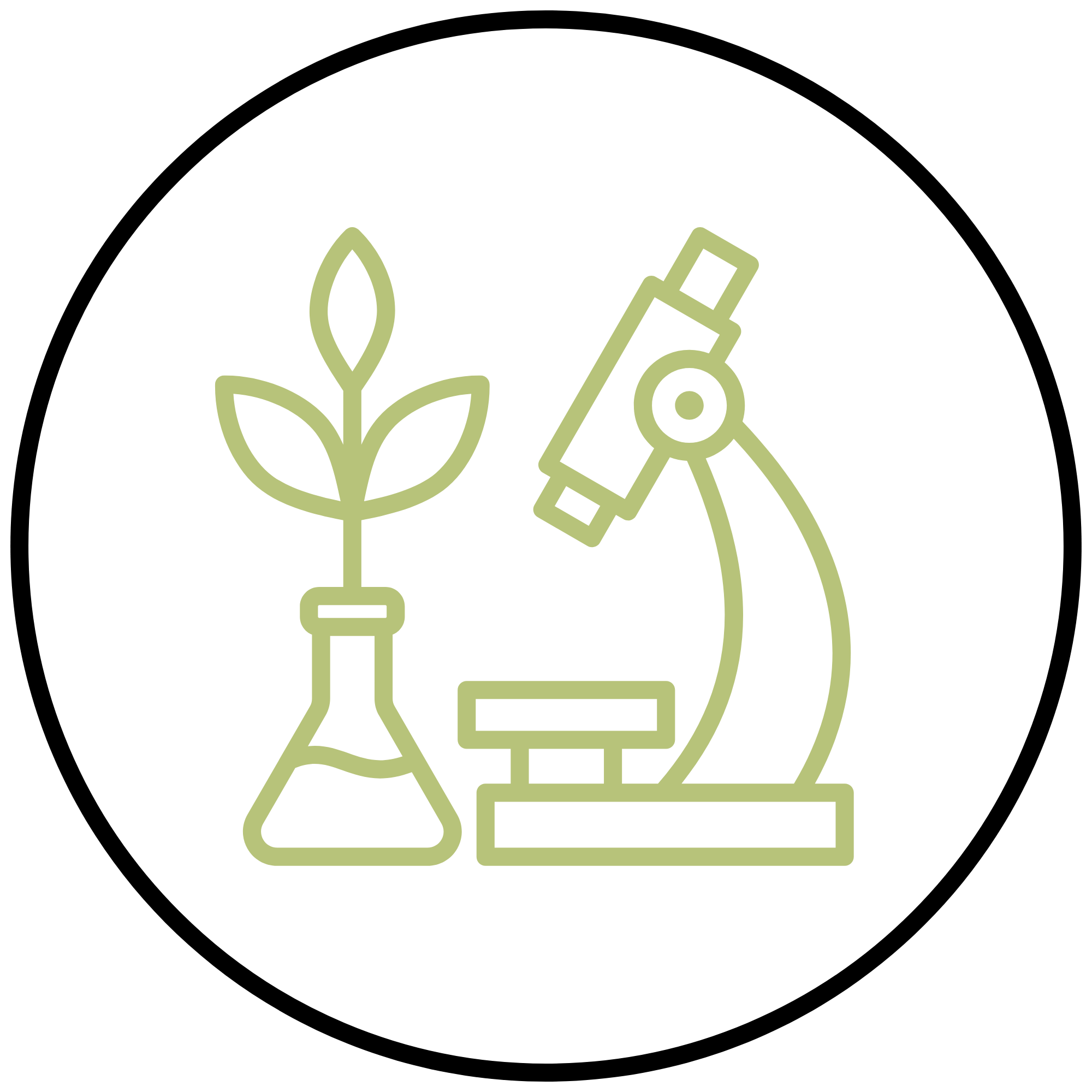A circular icon featuring a light green line drawing of a plant in a flask and a microscope, set against a white background with a thin black circular border.