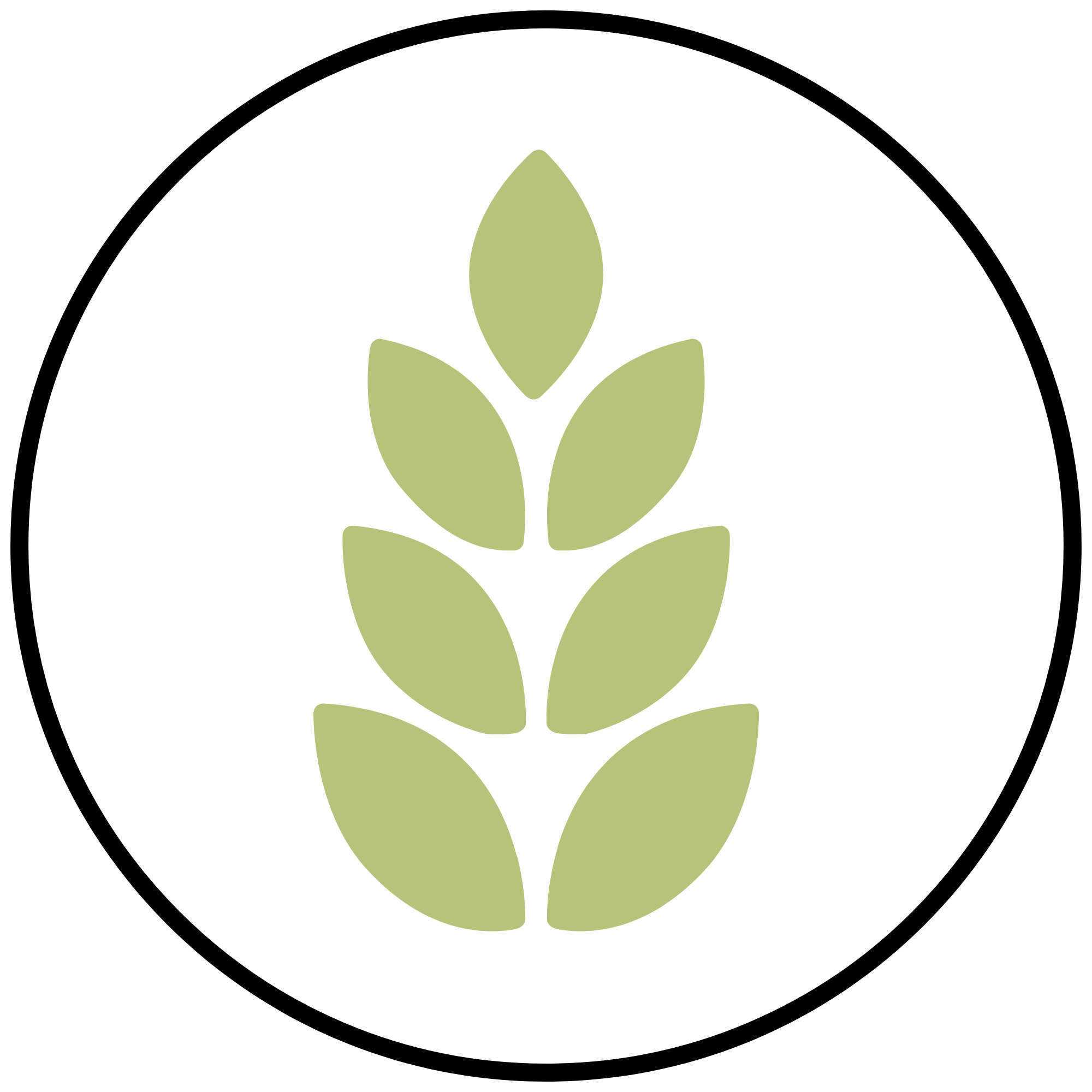 A minimalist icon featuring a stylized wheat stalk made of six light green leaves arranged vertically, centered inside a thin black circle on a white background.