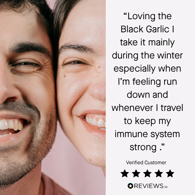A split promotional graphic with a close-up photo of a smiling man and woman on the left and a quote on the right: 'Loving the Black Garlic I take it mainly during the winter especially when I'm feeling run down and whenever I travel to keep my immune system strong.' A Verified Customer badge and REVIEWS.