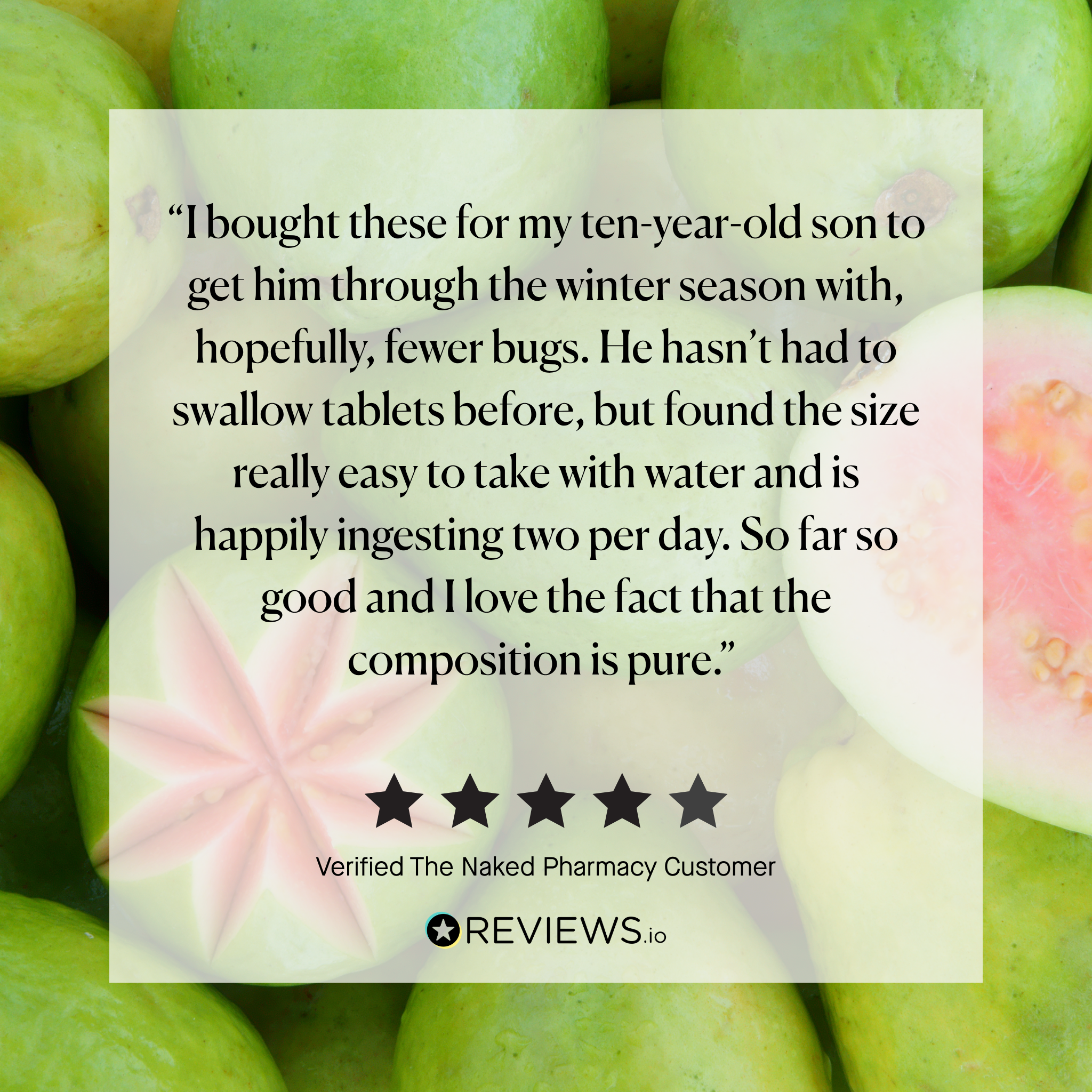 A promotional graphic featuring a testimonial quote from a verified customer about antihistamine tablets, set over a background of green guava fruits. The text is displayed on a semi-transparent white square with a five-star rating graphic below it.