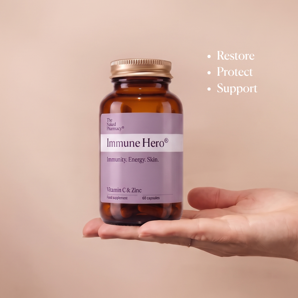 An amber supplement bottle labeled 'Immune Hero' held in a person's hand against a soft beige background, with white text on the right reading 'Restore Protect Support'.